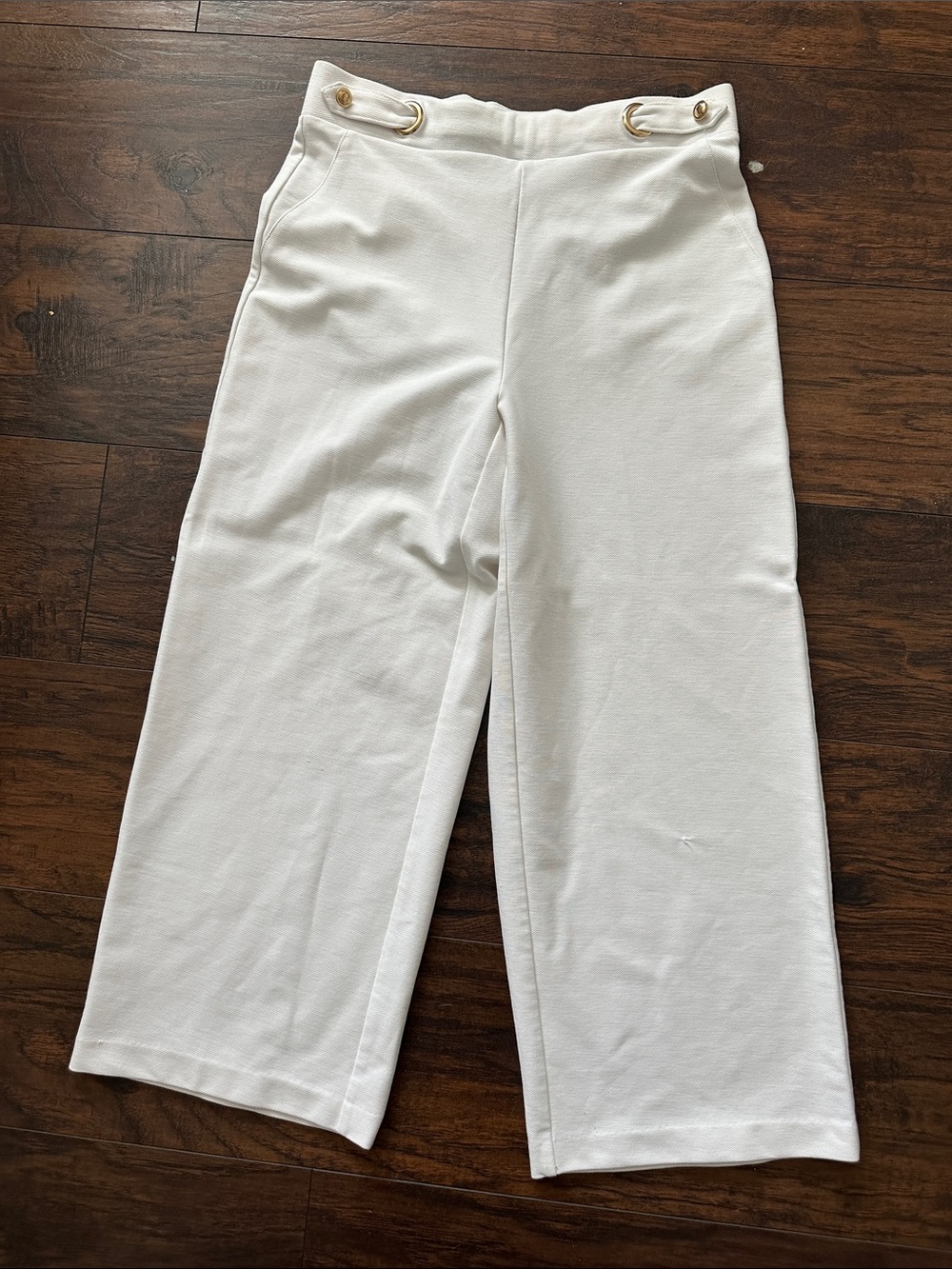 Michael Kors White Wide-Leg Knit Pants with Gold Rings